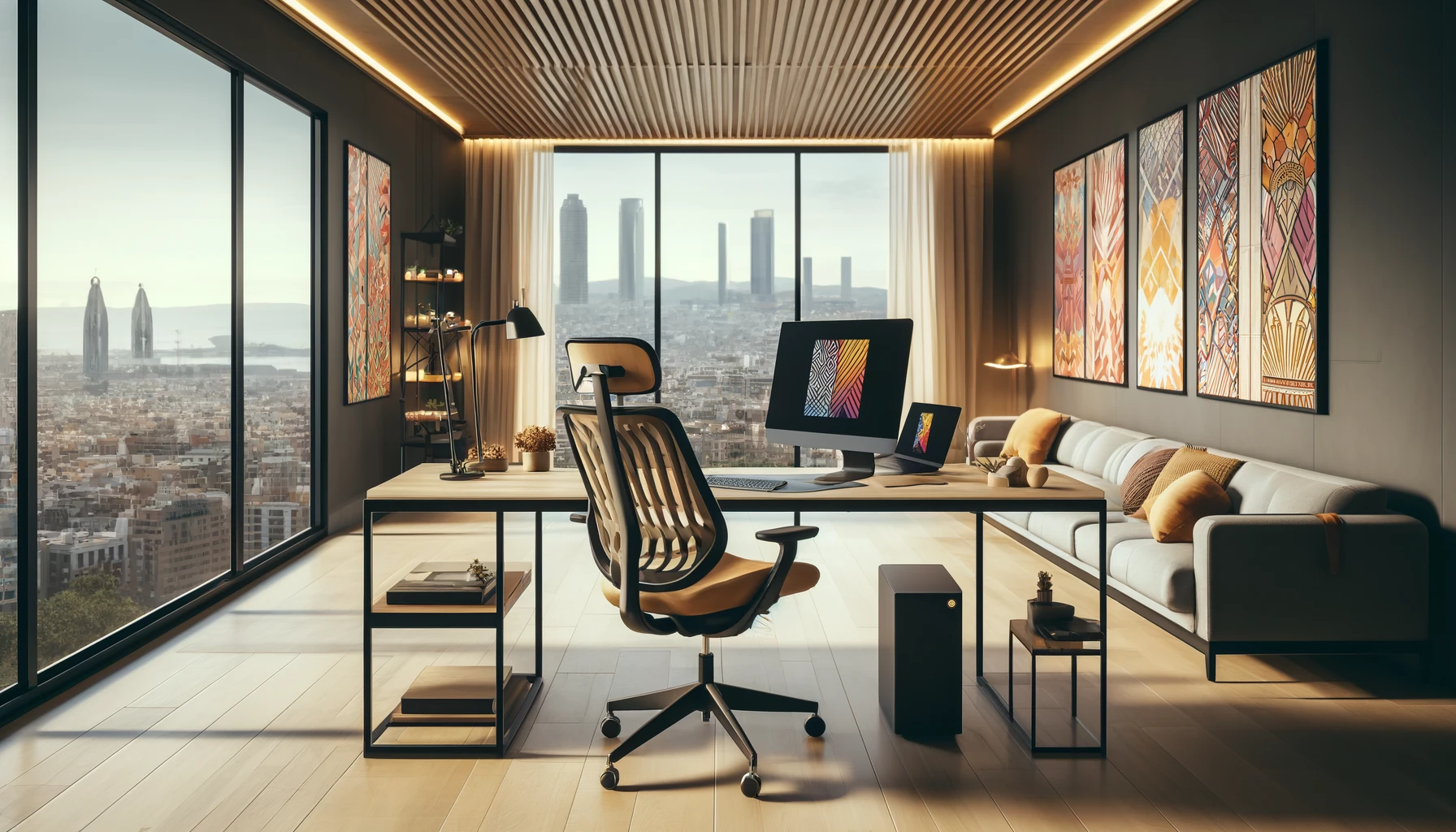 Modern apartment interior designed for remote work in Barcelona. The room is spacious with a large window showcasing a city view