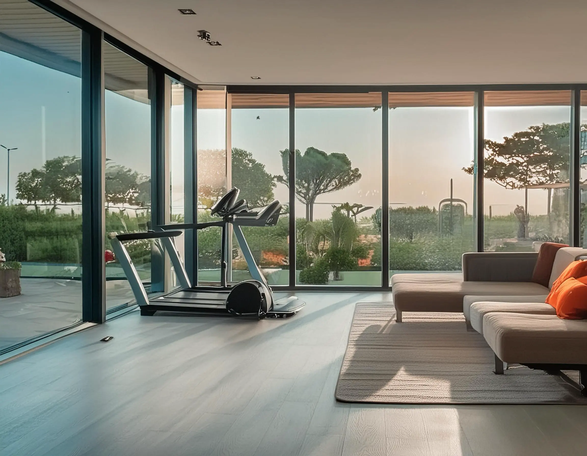 A modern and cozy RentRemote apartment designed for maintaining daily routines. The image shows a spacious living area with early morning sunlight streaming through large windows. There's a jogging path visible outside, lined with trees, hinting at an urban park setting. Inside, the scene includes a small home gym area with a yoga mat and dumbbells, and a dedicated workspace featuring an ergonomic chair and a standing desk with a laptop setup. The environment is calm and inviting, perfect for both productivity and wellness activities