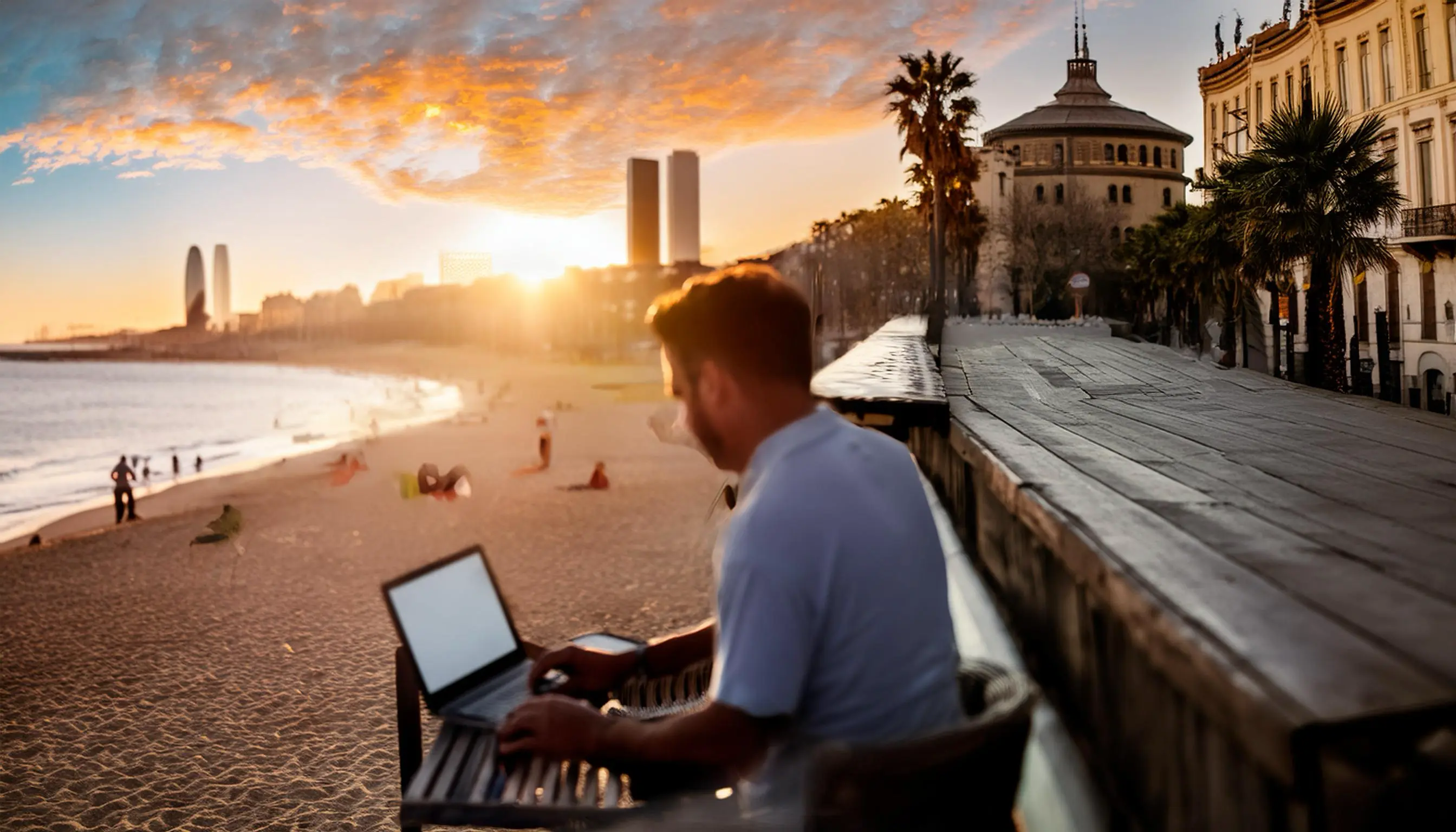 A serene beach scene transitioning into a cozy workspace with a person working on a laptop