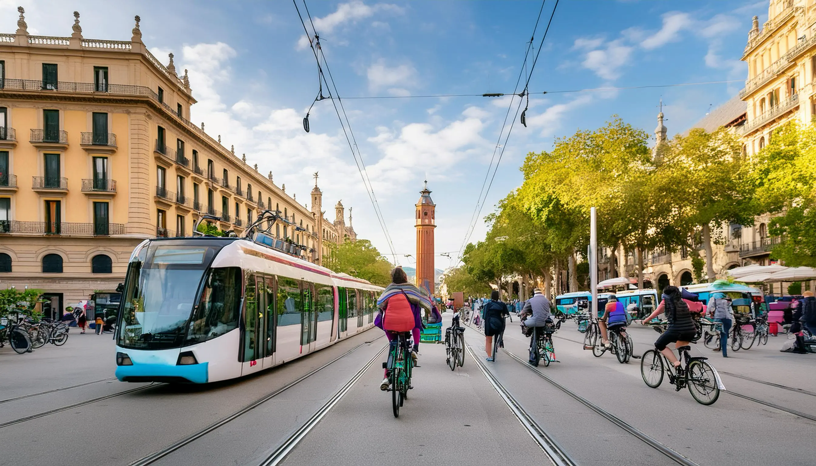 A vibrant street view in Barcelona showing a bustling marketplace near efficient public transportation