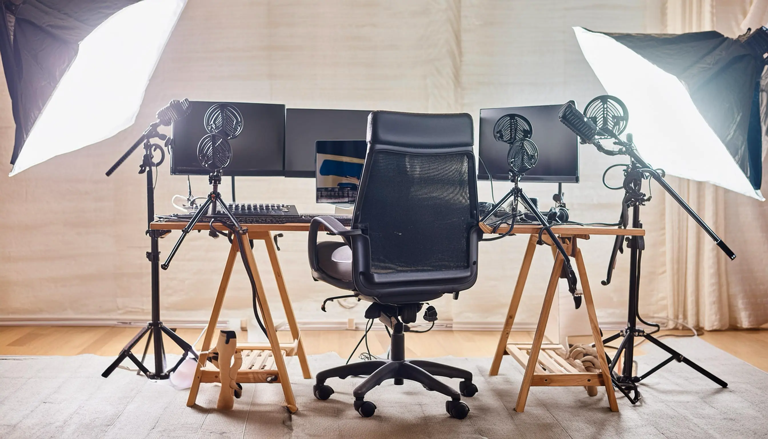 An advanced and well-equipped workstation tailored for a content creator or YouTuber. The scene shows a room with soundproofing foam panels, professional lighting, a high-quality microphone, dual monitors, and a camera setup focused on a comfortable chair, illustrating a dedicated space for creative and productive video creation