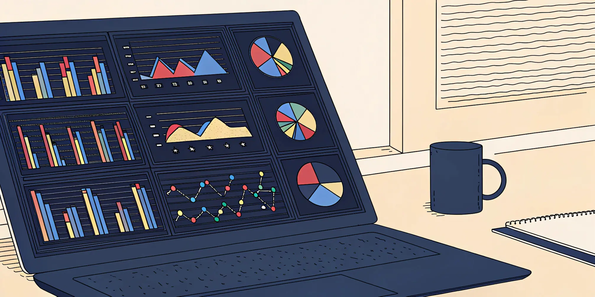 Data Entry Reporting Specialist: Managing reports and ensuring data accuracy Illustration of spreadsheets and data charts displayed on a computer screen
