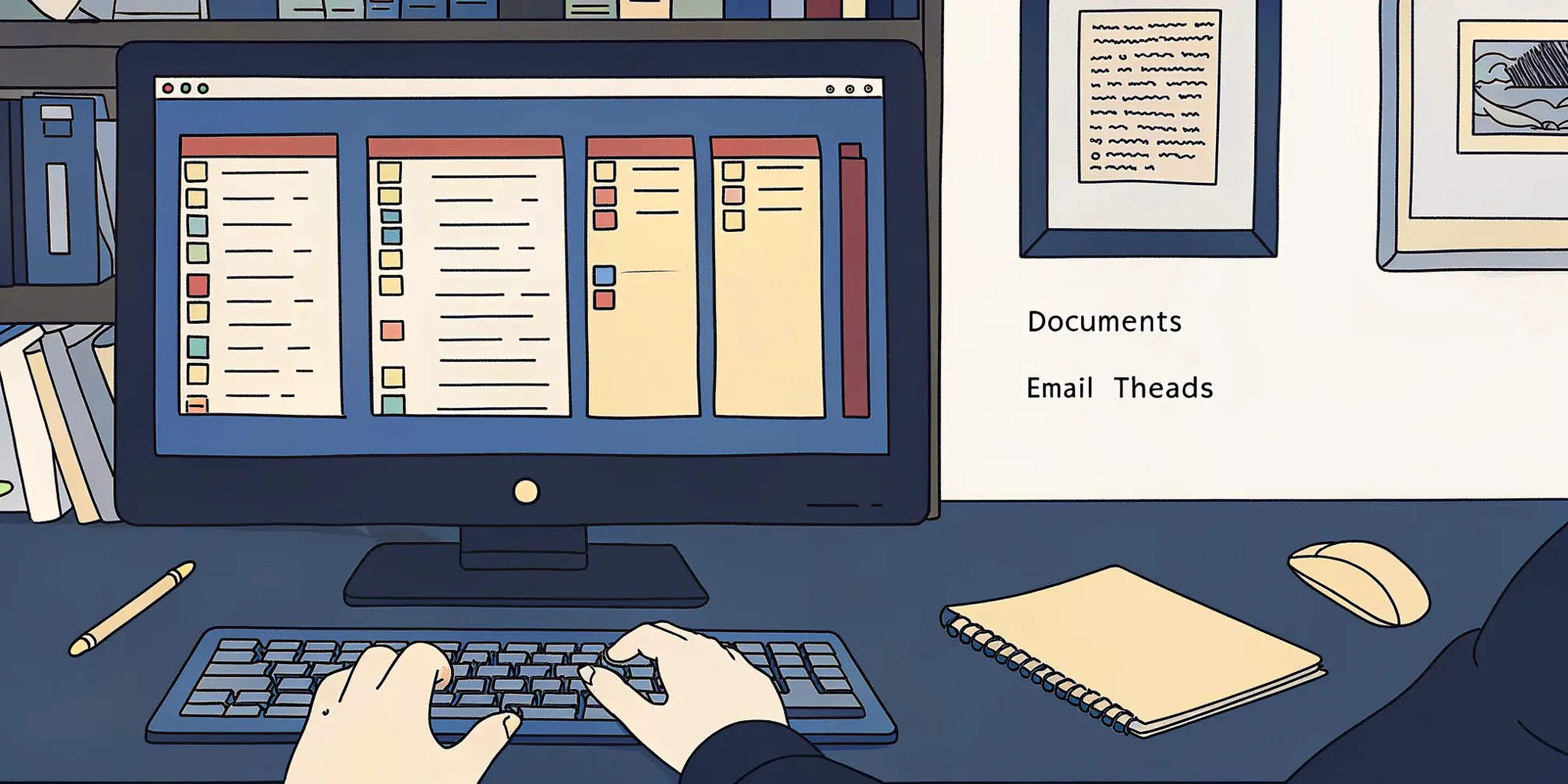 Data Entry Operator: Transcribing and organizing data Illustration of a person typing on a keyboard with files and digital data symbols around